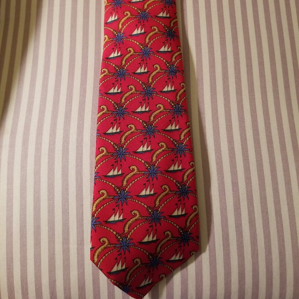 Ferragamo Tie: Sailboats /Seahorse -Red/gold/white Vintage
